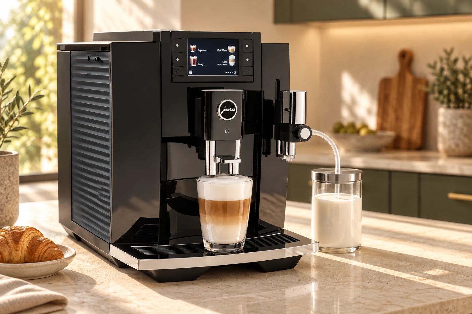 JURA E8 coffee machine with a latte on a light stone kitchen counter
