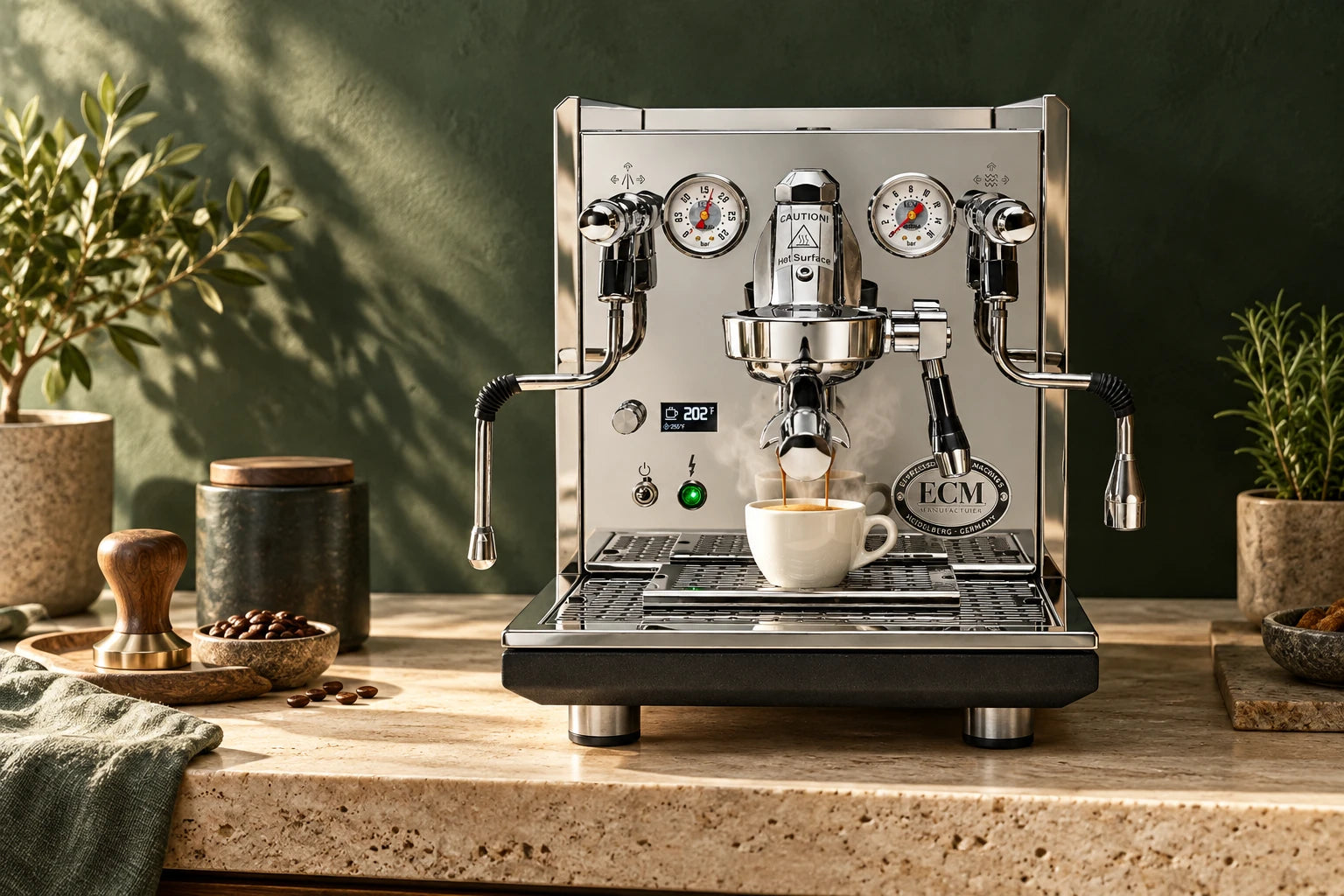 ECM Synchronika II espresso machine on a warm stone counter
